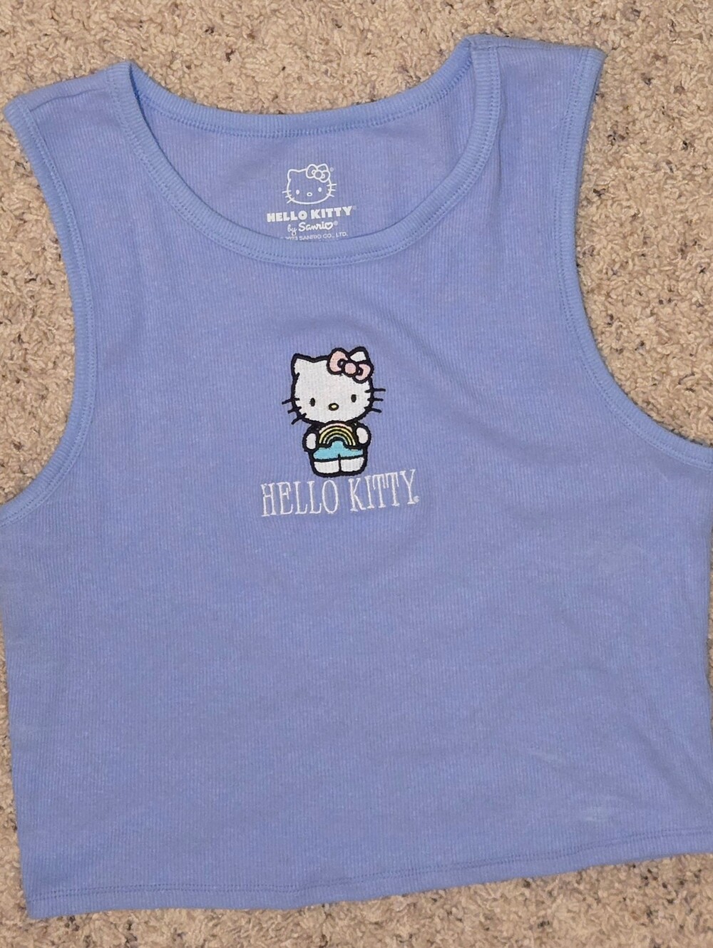 Hello Kitty Ribbed Tank Top Large Blue Sanrio Crop Tank Y2K Kawaii